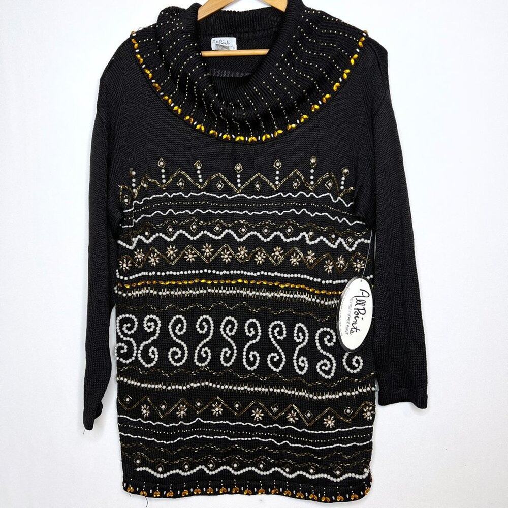 Vintage All Points Deadstock Beaded Cowl Neck Sweater Dress Medium